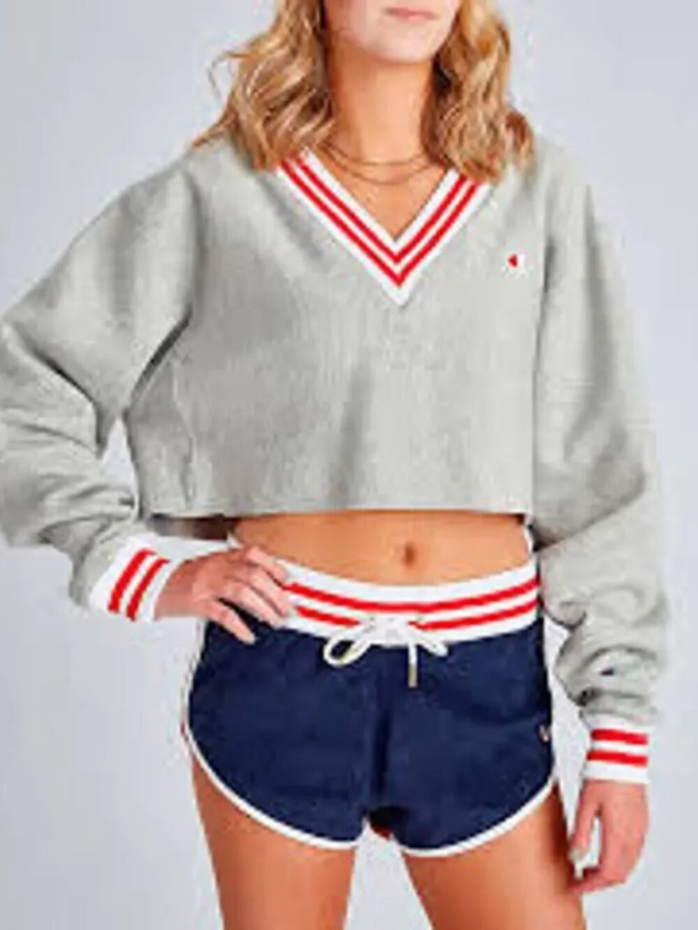 Champion Reverse Weave, Oversized Cropped V-Neck Sweatshirt, Light Gray, Size L